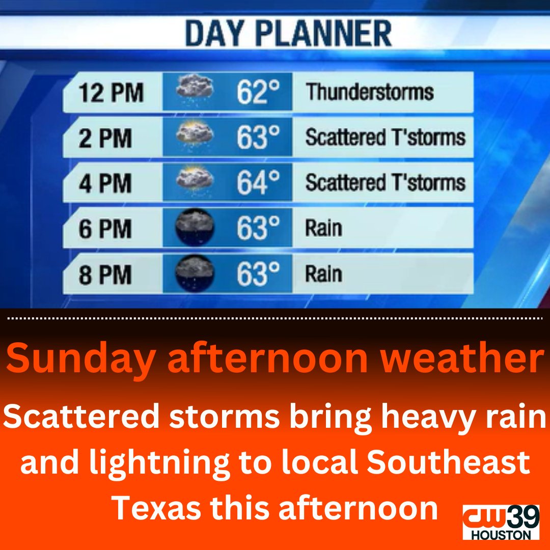 CW39Houston's tweet image. Sunday afternoon, evening forecast - Scattered storms bring heavy rain. Good news is, no severe weather - but numerous lightning strikes and downpours are possible area-wide till 10 p.m. Sunday night with cooler overnight lows in the low 50s.

#houstonweather
#localweather