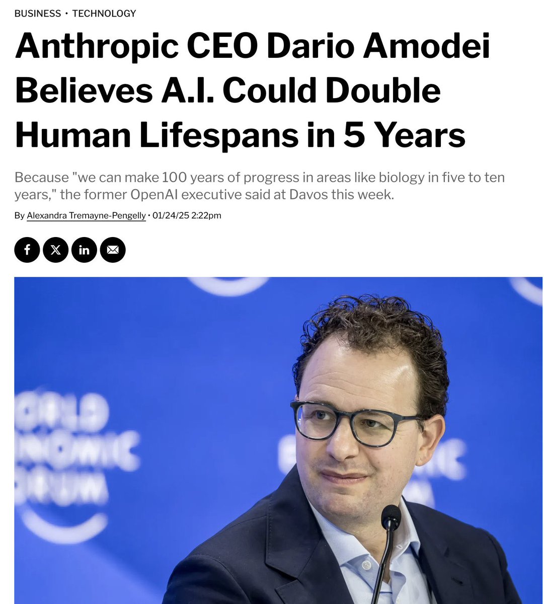 Be alive in 2030, and your projected lifespan could increase from today’s ~85 to around 170. Anti-aging is going mainstream. It's getting serious. AI will make it reality (by increasing the rate of progress at least 20x-1000x) in the next few years. Don’t die.