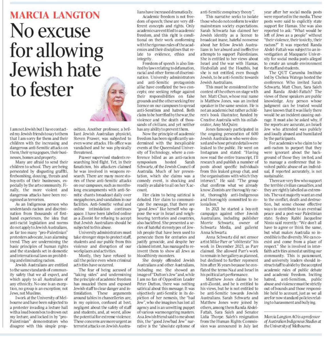 In a must read piece, Professor Marcia Langton has powerfully exposed the shameful failure of our university leaders to stop antisemitism on their campuses. 

Their weakness has “exposed Jewish staff to clear danger and intimidation.” This is a wake up call to act now.