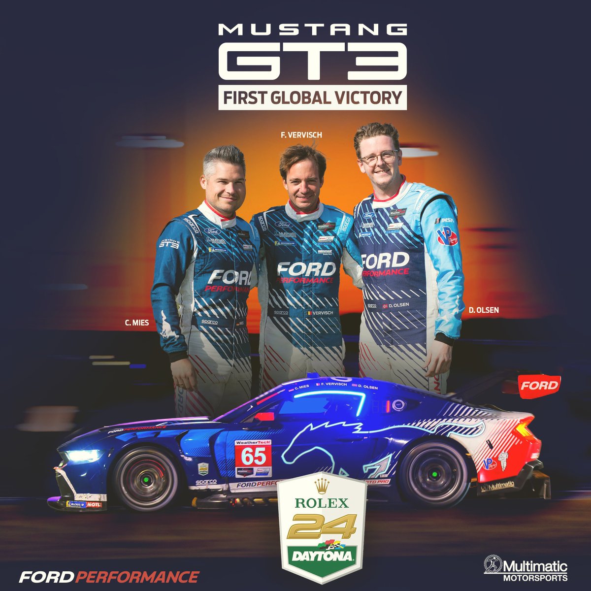 Ford Performance (@fordperformance) on Twitter photo 🏆 <a href="/Olsen_Dennis/">Dennis Olsen</a> , Frederic Vervisch and <a href="/MiesChris/">Christopher Mies</a> cross the line first in the #65 Ford @multimatic Mustang GT3 earning an unofficial class victory at the <a href="/IMSA/">IMSA</a> #Rolex24 with the No. 64 joining in the podium in third! 🏆 <a href="/Olsen_Dennis/">Dennis Olsen</a> , Frederic Vervisch and <a href="/MiesChris/">Christopher Mies</a> cross the line first in the #65 Ford @multimatic Mustang GT3 earning an unofficial class victory at the <a href="/IMSA/">IMSA</a> #Rolex24 with the No. 64 joining in the podium in third!