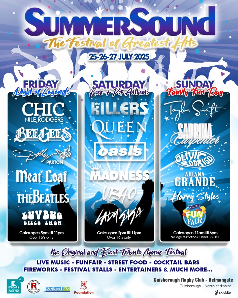 SummerSound26's tweet photo. It's here... the 2025 line up for the Festival of Greatest Hits #SummerSound25 Tickets on sale 9am Friday @skiddle #musicfestival #tributefestival #teesside https://t.co/pstZh8tMpW