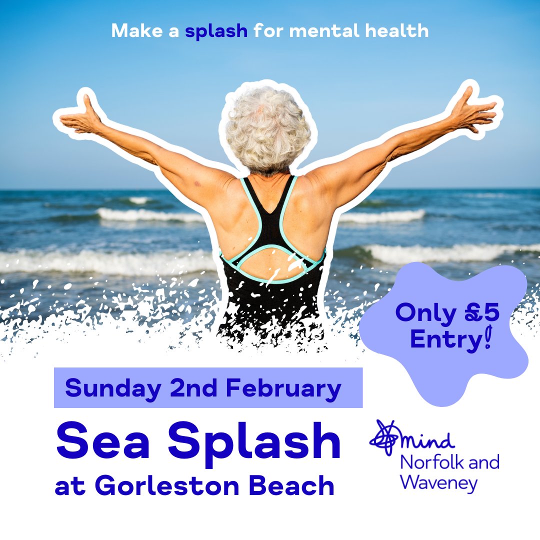 Just one week to go until Norfolk and Waveney Mind's first ever Sea Splash!
Will you join us at Gorleston beach and make a splash for mental health?🌊

Ready to dive in? Find out more and sign up via norfolkandwaveneymind.org.uk/sea-splash
