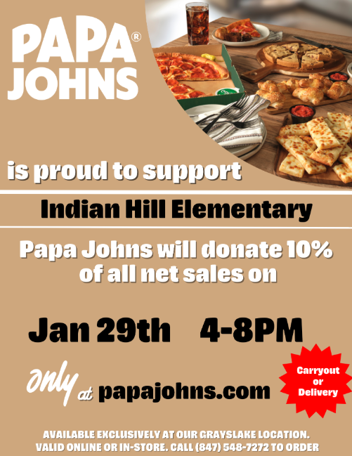 IHES_Chiefs's tweet photo. 🍕Our January PTO Pizza fundraiser is this Wednesday, January 29th from 4-8 PM! If you are craving pizza, please order from Papa Johns in Grayslake, IL. Our students benefit from these delicious fundraising events!! 🍕#IndianHill116 #WeAreRL https://t.co/tKZlANnMAq