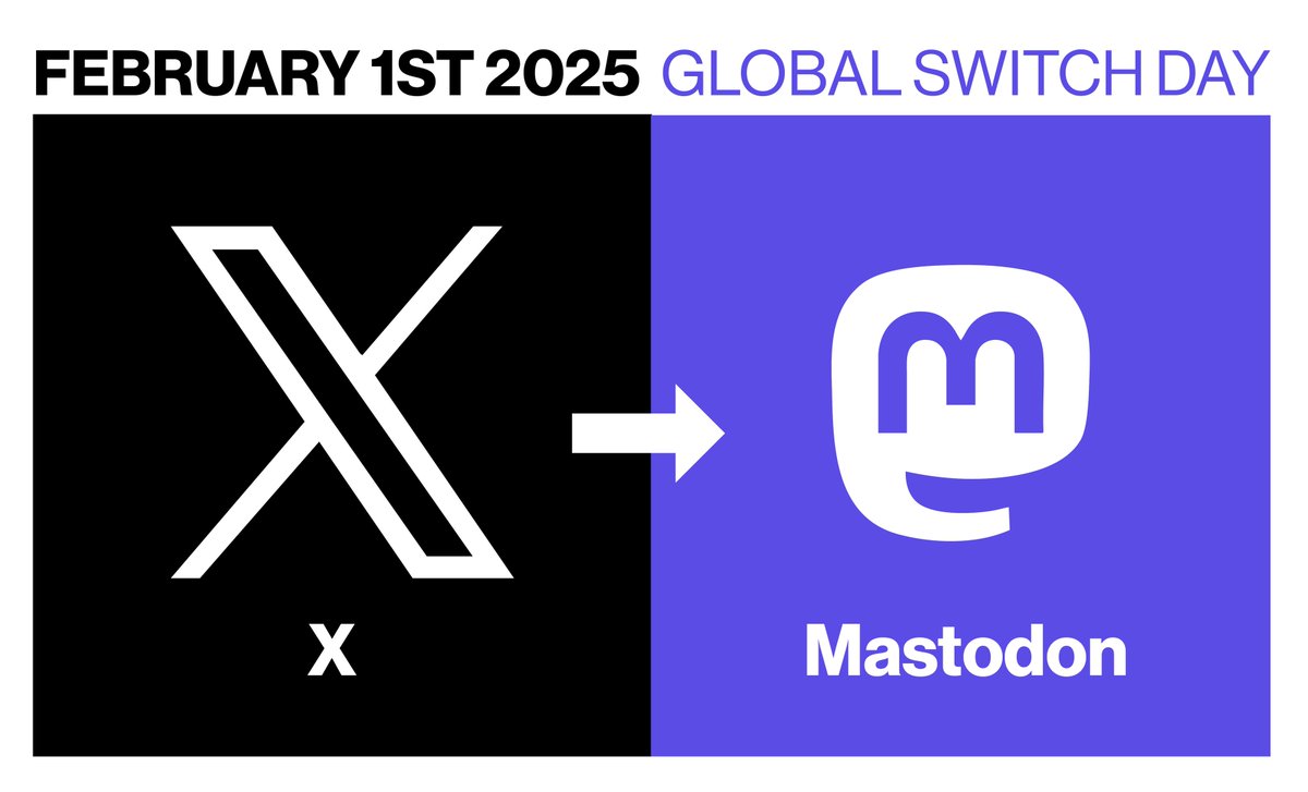 Promuoviamo lo switch day globale da X a Mastodon per il 1° febbraio 2025.

Per chi non riesce più a stare dietro alle gestione di Musk e ha voglia di cambiare da #X a #Mastodon è stata realizzata una grafica da utilizzare liberamente ripubblicandola ai vostri contatti su X!