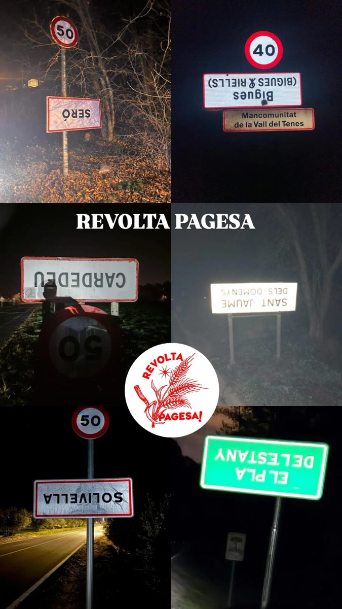 laiona8's tweet photo. Aquests dies anireu veient cartells de pobles al revés per expresar com ens sentim la pagesia d’aquest país: capgirats i farts. A on hi hagi pagesos/es capgiren cartells! 
#Revoltapagesa ja torna està apunt per sortir a defensar els nostres drets! Ajudes a fer-ho visible? 💪🏼 https://t.co/0Lu2a11SJg