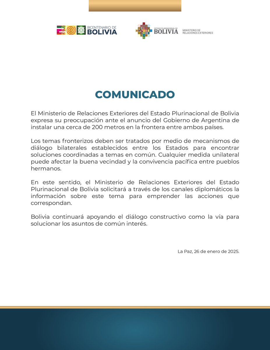 Comunicado 26-01-2025 (Sobre anuncio del Gobierno de Argentina)
🔗 cancilleria.gob.bo/mre/2025/01/26…

#DiplomaciaDeLosPueblos
#PorLaVida