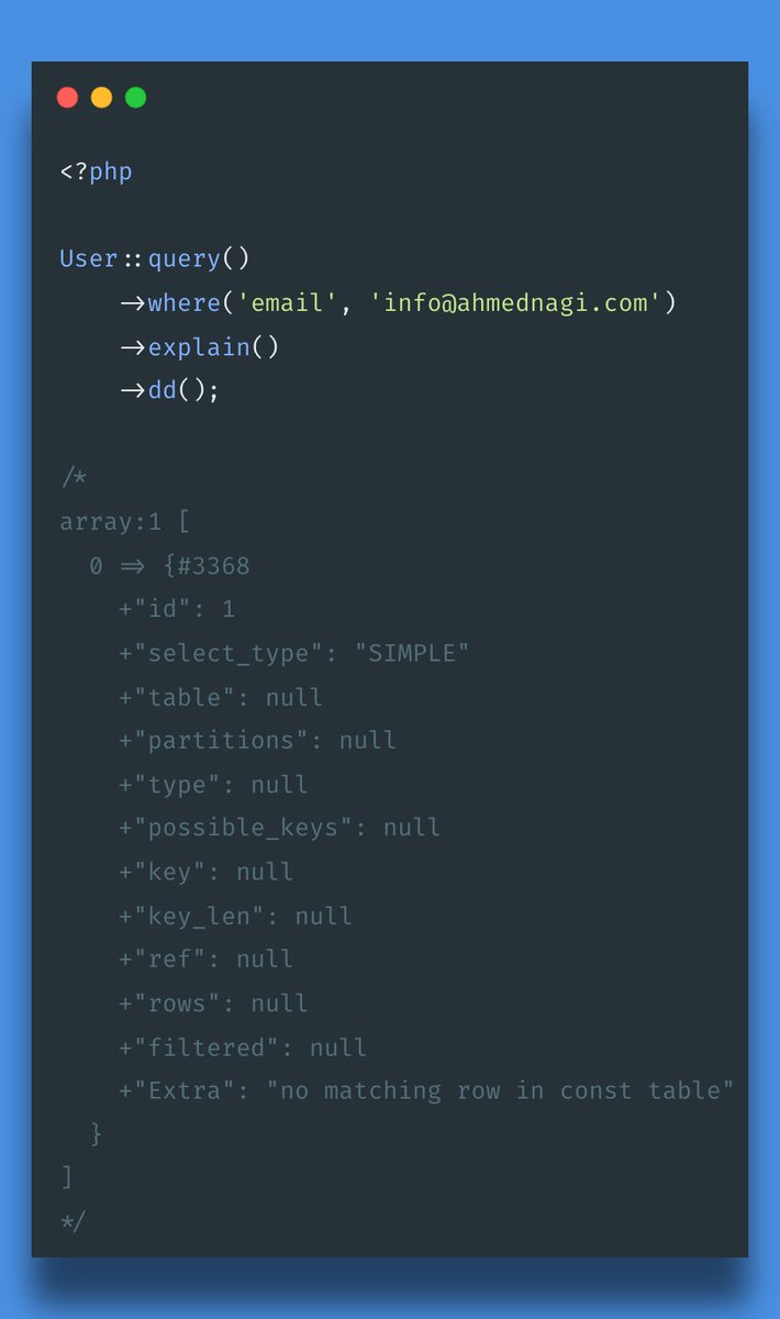 nagiworks's tweet image. #LaravelTip: Using the EXPLAIN statement to analyze your database queries is helpful, and Laravel enhances this by pairing explain() with dd().

This combination helps you identify the indexes your query uses and how you can optimize it.