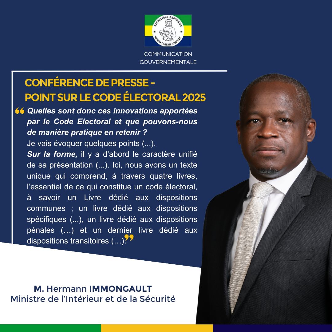 Comgouv_GA's tweet photo. Lors de la conférence de presse du 25 janvier 2025, le Ministre de l'Intérieur et de la Sécurité, Hermann Immongault a abordé plusieurs enjeux clés en rapport avec le Nouveau Code électoral et les futures élections Politiques au Gabon.
Quelques extraits 2/2:
#ComGouv https://t.co/Hm8Qwc0u3p