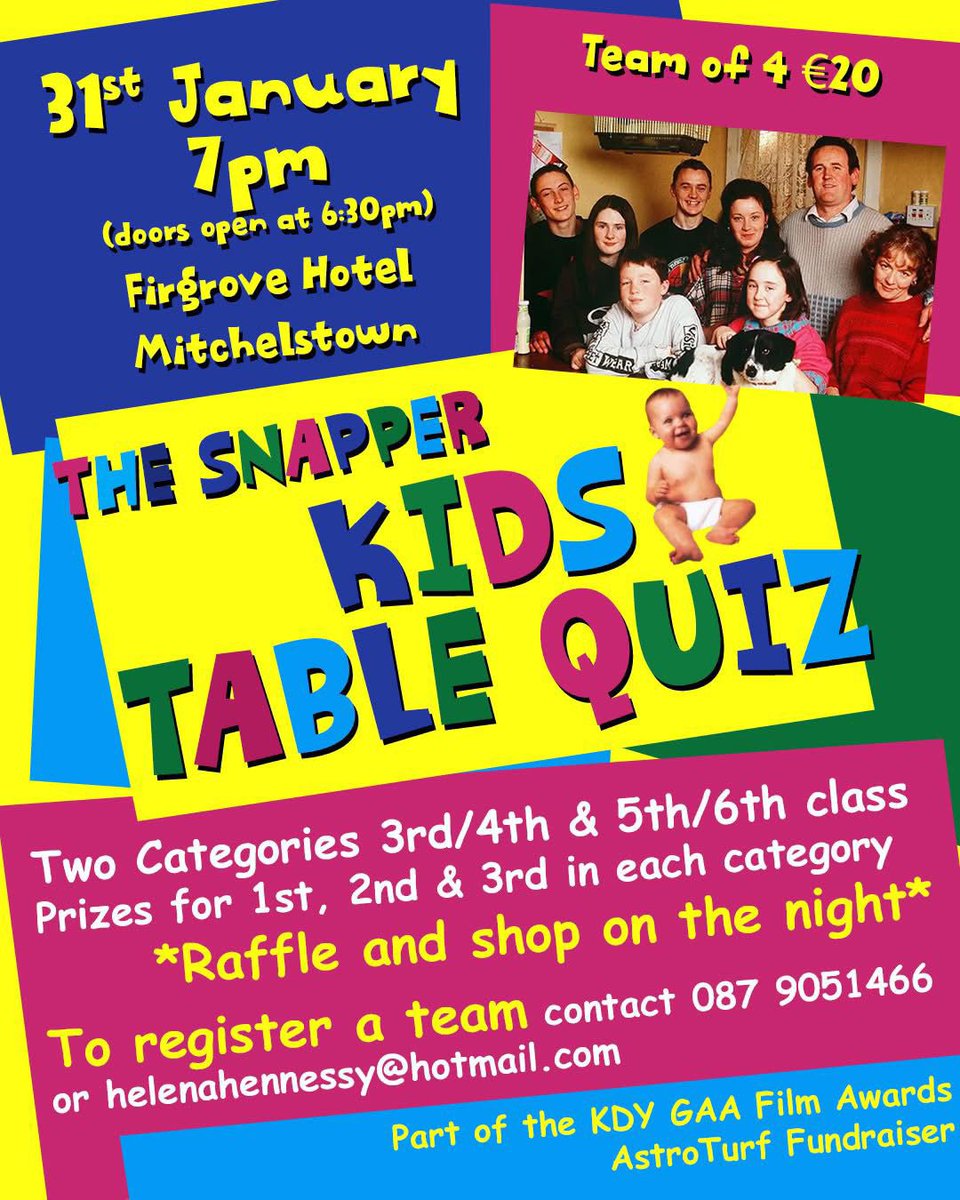 Folks a table quiz for the National school kids. All to raise money for our Astro project in association with our (Oskars) event.  Please Share🙏🏻
<a href="/glanworthgaa/">Glanworth GAA</a> <a href="/BallyhoolyG/">Ballyhooly GAA</a> <a href="/Ballygiblingaa/">Ballygiblin GAA</a> <a href="/GaaMitchelstown/">Mitchelstown Gaa</a> <a href="/fermoygaa/">Fermoy GAA</a> <a href="/KilworthGaa/">Kilworth GAA</a> <a href="/ButtevantGAA/">Buttevant GAA</a> <a href="/DoneraileGaa/">Doneraile Gaa</a> <a href="/kilbehennyns/">Kilbehenny NS</a>