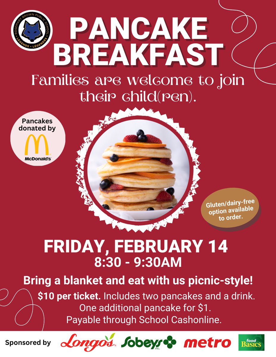 RBPS_SCC's tweet photo. We are excited to invite you to our Pancake Breakfast Fundraiser on Friday, February 14, as we celebrate Valentine’s Day and kick off the Family Day weekend!
This special event is a wonderful opportunity to enjoy a delicious breakfast with the school community. https://t.co/25SiplPVS3