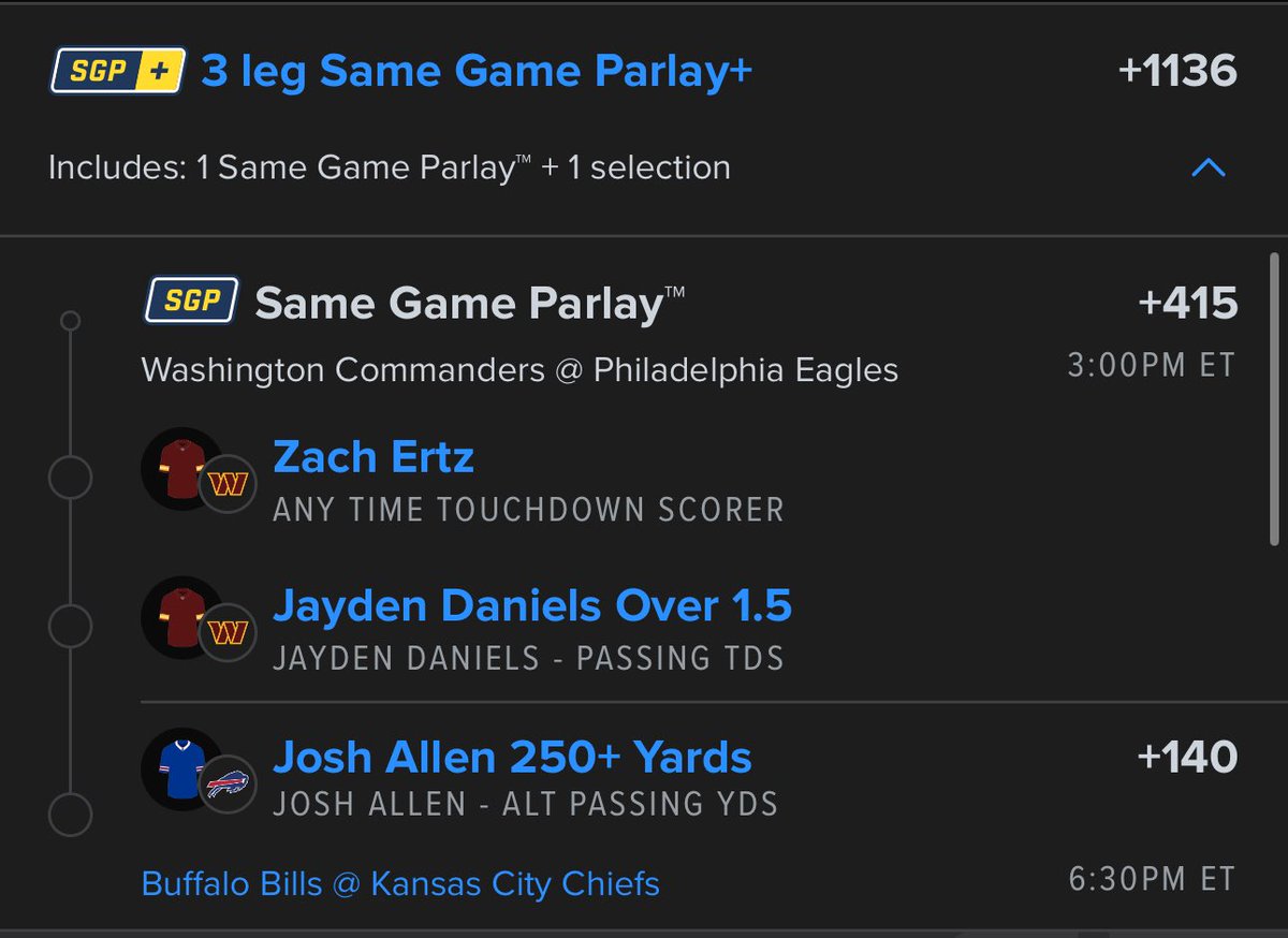 TripleTeamBets's tweet photo. Here we go a beautiful Playoff Sunday here are 3 plays 
Best Bet Parlay 
ATTD Parlay
Lotto 
#Chiefs #Bills #Commanders #Eagles 
#fanduel 
Like if you tally https://t.co/MsHFGlIPLj