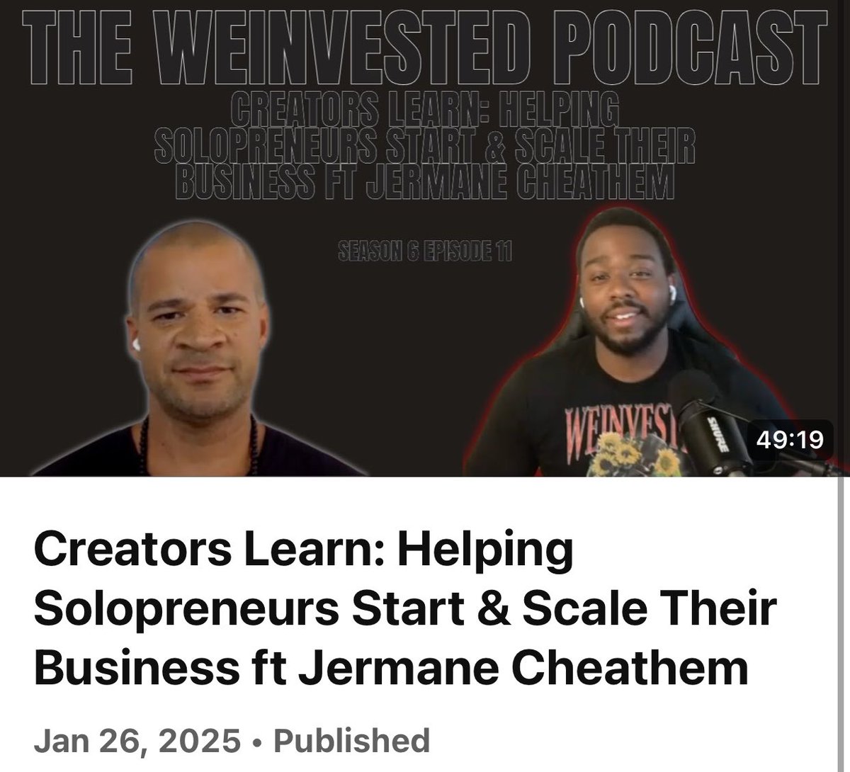 New YouTube video out now 

Creators Learn: Helping Solopreneurs Start &amp; Scale Their Business ft Jermane Cheathem

youtu.be/QIxjPVJ8BPk