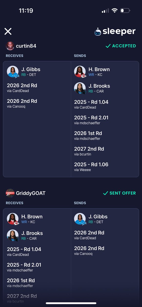 CCurtin45641's tweet photo. @GuruFantasyWrld I put this in another fantasy chat last week.  Seems like consensus was win-win.   Dynasty 12 team 1 qb ppr. 2rbs, 3 wr, 2 flex.   I’m win now and he’s re-tooling.  Who won? https://t.co/Ghq58MrO4q