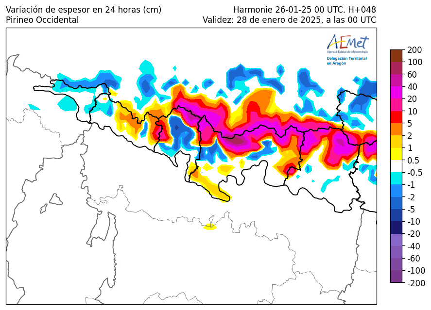AEMET_Aragon's tweet photo. PCP 🌧️y variación de espesor #nieve #Pirineos #Huesca LUN 27 y MAR 28 con diferencias notables en zonas próximas a las de acumulación por la fuerte #ventisca especialmente en la madrugada del lunes
+info https://t.co/VQ3oB6yt99 https://t.co/yA1N3vM2hQ
