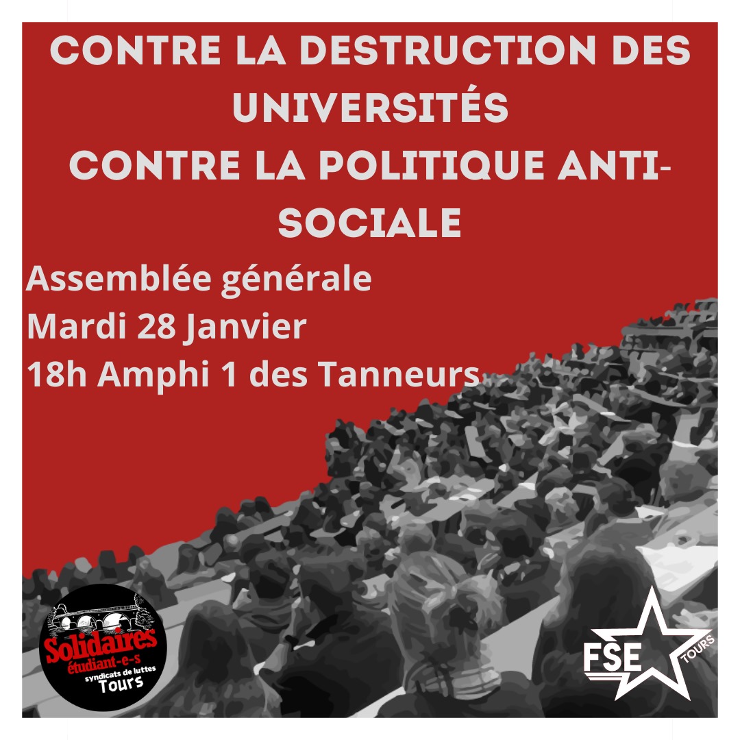 À Tours, la riposte aura lieu mardi 28 janvier à 18h amphi 1 du site des Tanneurs. Soyons nombreux-ses à nous mobiliser pour nos droits !