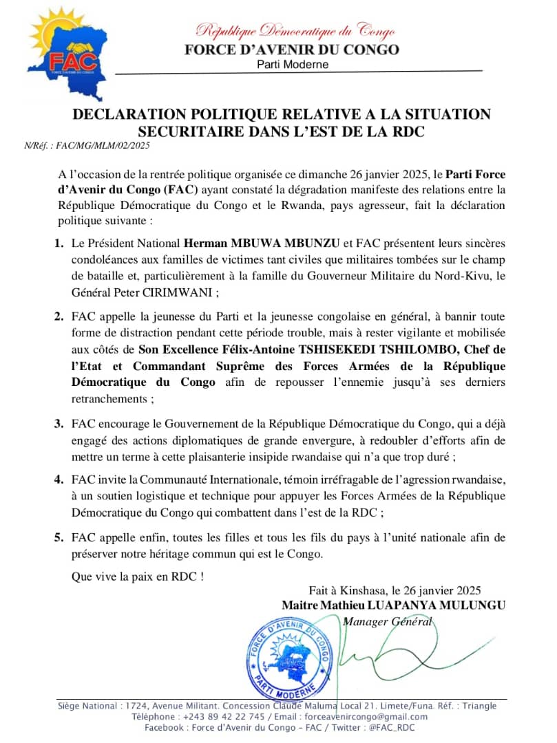 Tous pour la défense de la Patrie🇨🇩 .
<a href="/FAC_RDC/">FORCE D'AVENIR DU CONGO</a> Ensemble bâtissons. 
Ensemble pour Patrie. 
<a href="/MbuwaHm9/">Herman MBUWA</a> <a href="/central_sage/">ᏟᎬᏁᎢᏒᎪᏞ👑🇨🇩</a> <a href="/rtncofficielle1/">RTNC.CD</a> <a href="/IsralMutombo11/">Israël Mutombo</a>