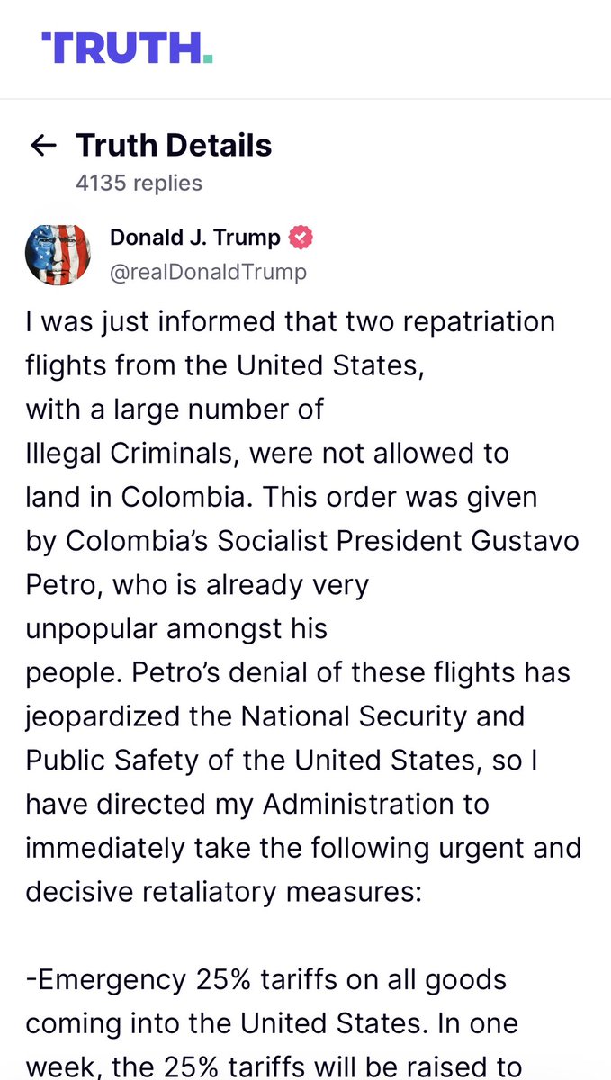 Mariana_Sanches's tweet photo. O presidente da Colômbia, Gustavo Petro, recusou o pouso de deportados do país em avião militar dos EUA. Diz ter colocado aeronave presidencial à disposição para o retorno dos cidadãos colombianos. Medida enfureceu Trump, q resolveu aplicar à Colômbia seu arsenal de punições 1/🧵 https://t.co/bPYmf7sKMv