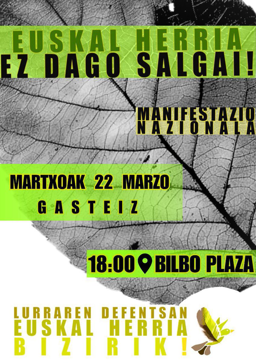 EHBizirik_'s tweet photo. Manifestazio nazionala deitu dugu martxoaren 22an Gasteizen. Instituzioen eta enpresarien kolaborazioaren aurrean mobilizatu! Euskal Herria ez dago salgai! https://t.co/F1BNa9BaRR