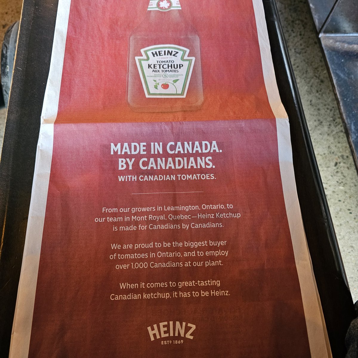 rpoconnor's tweet photo. Because our PM falsely implied this week that Heinz ketchup wasn't made in Canada with Canadian tomatoes, and therefore could be targetted in a trade war, Heinz had to place ads correcting this irresponsible untruth attacking Canadian workers.

Heinz should send the PM the bill! https://t.co/lX0jVSvr96
