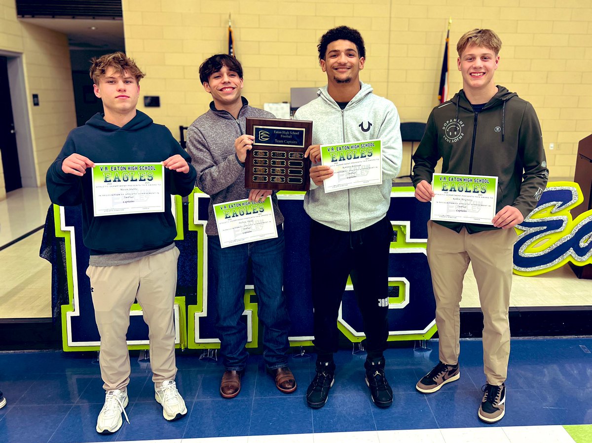 The 2025 Eaton Eagle Football Team captains voted by their teammates for their daily leadership on and off the field.

QB-Mason Stubbe
WR/CB- Karsten Robinson
WR/Saf- Kellen McGreevy 
LB- Andy Shedd

#EATon | #GOBIRDS🦅