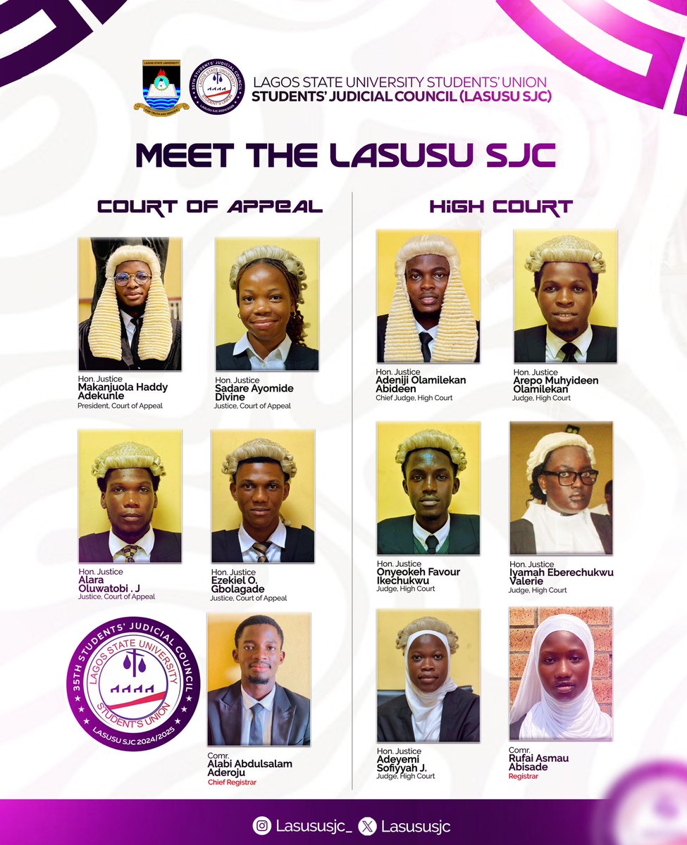 LasusuSJC's tweet photo. Meet the Guardians of Justice: LASUSU SJC 2024/2025 ⚖️

Presenting the distinguished members of the 35th Lagos State University Students’ Union Students' Judicial Council (LASUSU SJC)—the custodians of justice, fairness, and integrity within the LASU student community. https://t.co/unoZ9kN8wB