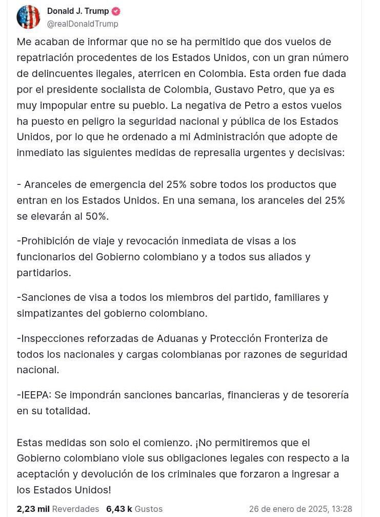 honohenriquez's tweet photo. Lo de Petro es demencial; un presidente debe tomar decisiones basadas en análisis objetivos, priorizando el bienestar colectivo sobre emociones o intereses personales. La estabilidad y el desarrollo de un país requieren liderazgo racional y estratégico. Ahí tiene la respuesta del presidente @realDonaldTrump al no permitir el ingreso de deportados a Colombia. @marcorubio @POTUS