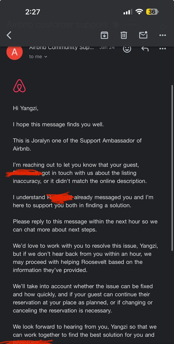 CrypticRose_'s tweet photo. @AirbnbHelp Money if they decide to side w/ the host (which seems to be the norm) and give me a partial refund for a place i never actually stayed in..this is the emails they send to the host stating they have a hour to respond or but in reality they can take however long they want. https://t.co/p0MatUHuNI