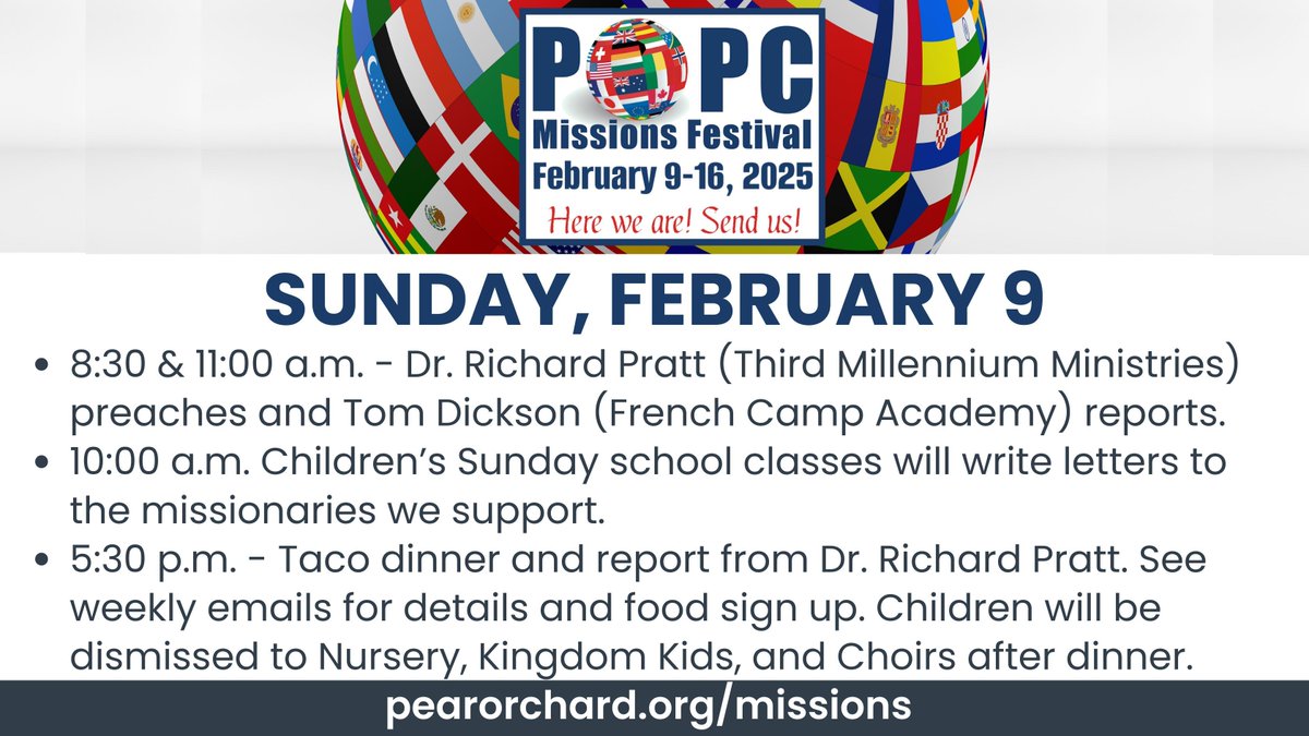 Our 2025 Missions Festival will begin on Sunday, February 9! To view the complete schedule, register for the events, or fill out the anonymous online commitment card, visit pearorchard.org/missions.