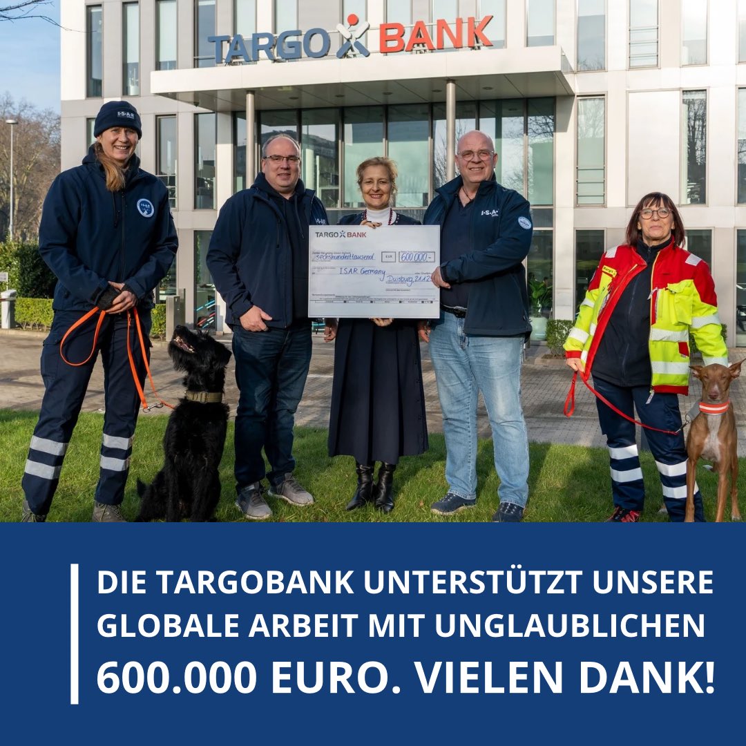 🌍 #TARGOBANK spendet 600.000 Euro an I.S.A.R. Germany 💙

Die Bank unterstützt die Katastrophenhilfe mit 600.000 Euro für 2024/2025. Damit kann I.S.A.R. Germany schnelle Hilfe nach Naturkatastrophen leisten, in Ausrüstung investieren und Menschen weltweit unterstützen. 💪