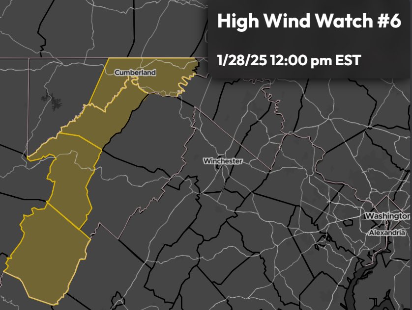 StormTrackingHQ's tweet photo. #HighWindWatch 06 has been issued for parts of #Maryland and #WestVirginia until 12:00 pm EST Tuesday #wxtwitter #wxX #wvwx #mdwx 

West #winds 25 to 35 mph with gusts up to 60 mph possible https://t.co/y51JsmWfiC