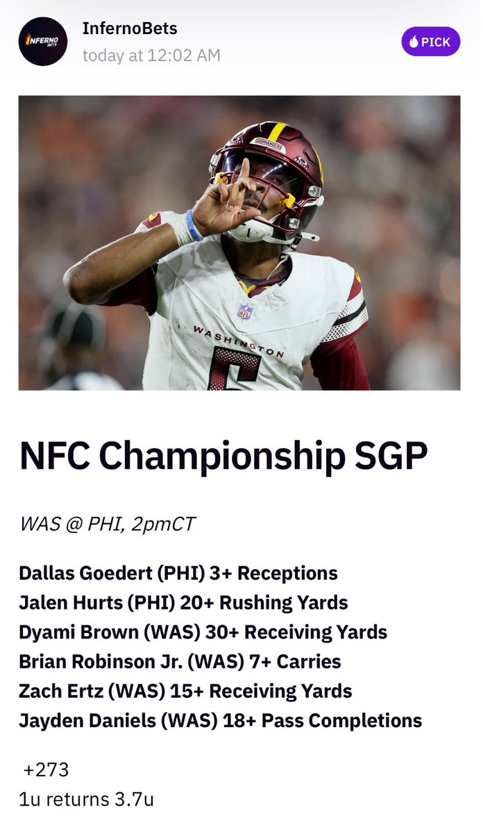 InfernoBetx's tweet image. I gotchu 🫡 

#WASvsPHI SGP👇

6 legs
+273
1u returns 3.7u

Dallas Goedert (PHI) 3+ Rec
Jalen Hurts (PHI) 20+ Rush Yds
Dyami Brown (WAS) 30+ Rec Yds
Brian Robinson Jr. (WAS) 7+ Carries
Zach Ertz (WAS) 15+ Rec Yards
Jayden Daniels (WAS) 18+ Completions

 moneylinego.com/posts/9709