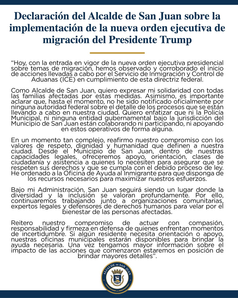 En un momento tan complejo, reafirmo nuestro compromiso con los valores de respeto, dignidad y humanidad que definen a nuestra ciudad. 

Bajo mi Administración San Juan seguirá siendo un lugar donde la diversidad y la inclusión se valoran profundamente. 

<a href="/SJCiudadCapital/">San Juan, Ciudad Capital</a>
