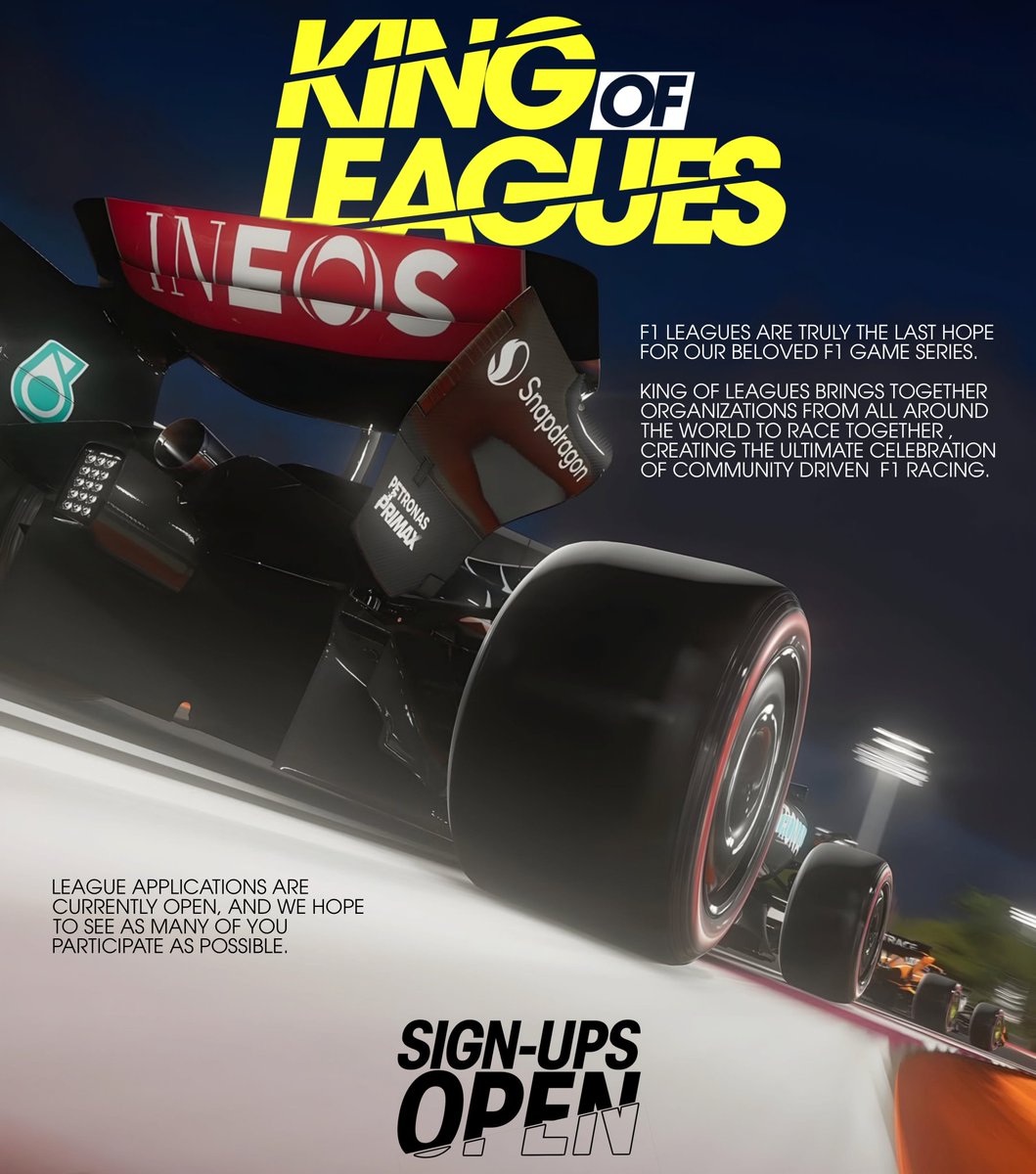 KingOfLeagues's tweet photo. Still time to join up! 

King of leagues is the perfect platform for any F1 league to show the world their level. 

Sign-ups are still open! 
https://t.co/C68rcmGCRX https://t.co/G5e7RRUReC