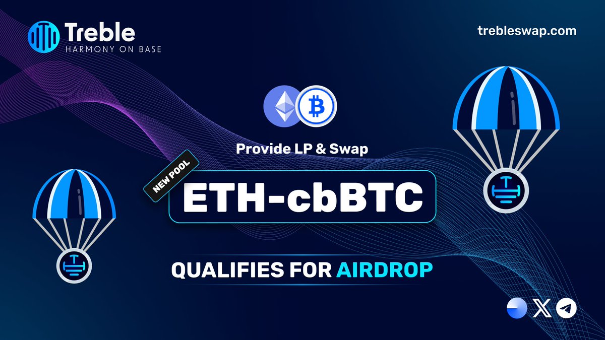 🆕 New pool now live!

We are pleased to introduce the $cbBTC - $ETH pool to Treble's pool section!

Earn passive income while providing liquidity to Treble’s expanding ecosystem. This new pool also qualifies for the upcoming $xTREB airdrop!

🔵 app.trebleswap.com/pools/v4