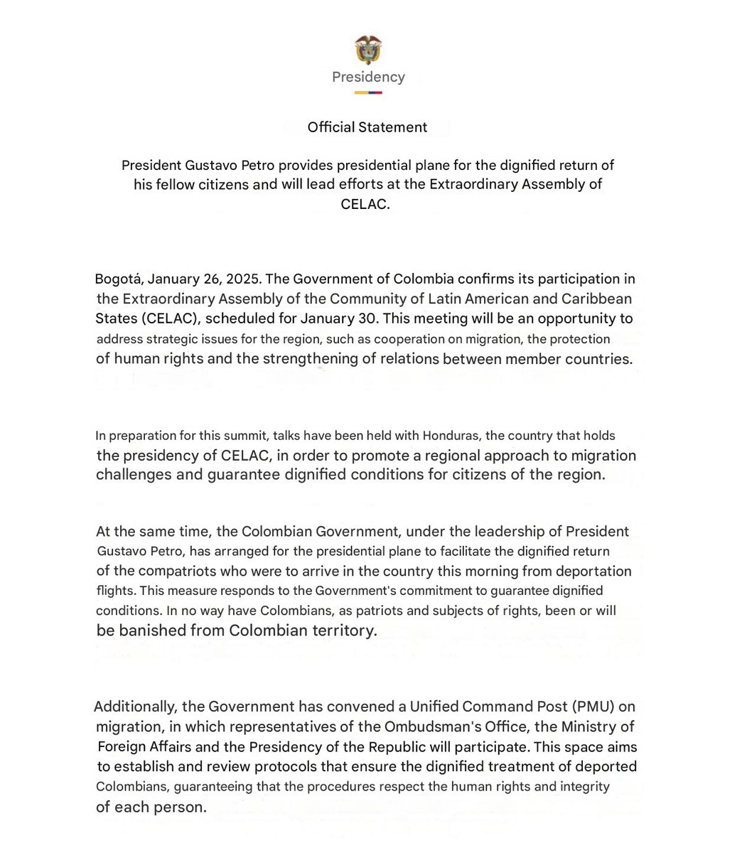 BehizyTweets's tweet image. BREAKING: Colombia's President just issued a response to President Trump, folding faster than a camping tent.
"The Colombian Government, under the leadership of President Gustavo Petro, has arranged for the presidential plane to facilitate the dignified return of the compatriots…