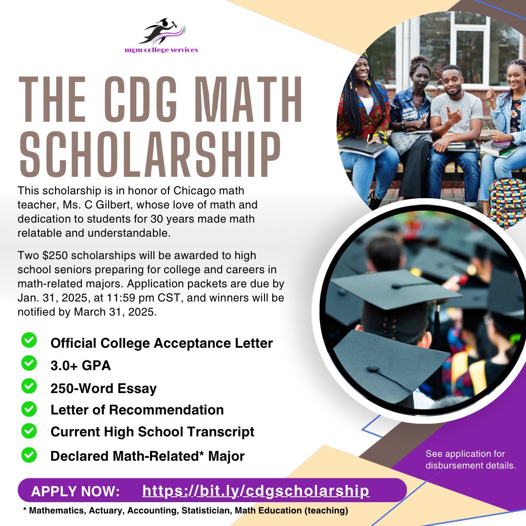 SCHOLARSHIP ALERT! 💰💴

CDG Math Scholarship is accepting applications until Jan 31, 2025.

✅ HS senior
✅ 3.0+ GPA
✅ Declared Math-Related Major
✅ Application + Documents

Apply at bit.ly/cdgscholarship.

Share w/seniors.

<a href="/ChiPubSchool/">ChicagoPublicSchools</a> #firstgen #counselors #scholarship