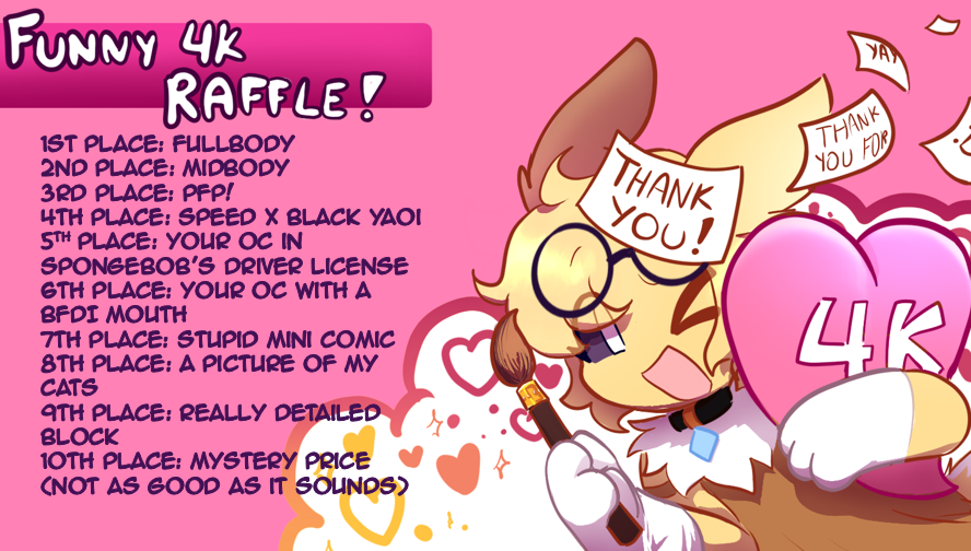 Raffle time!! ✨✨

This is a big one. Now, I know most of them are silly things but I thought: Aw why just do a drawing raffle when I can gift stuff that we all can can laugh about?

Anyways, retweet and follow to enter! Also put your ocs below pleaseee