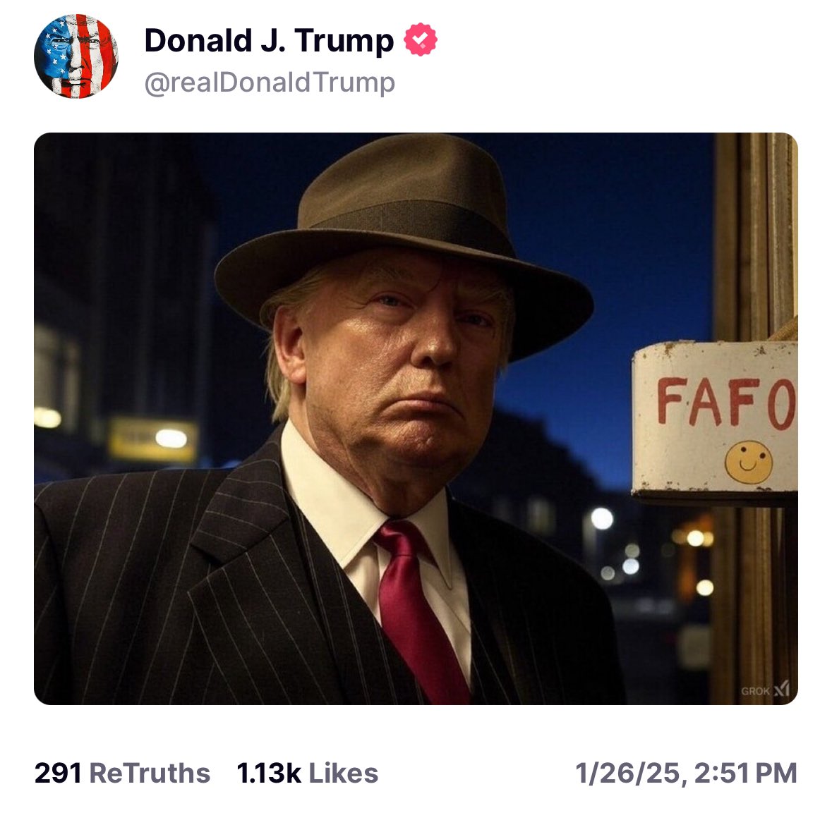 WarClandestine's tweet photo. Trump is on a rampage 😂

 Immediately after Petro caved to Trump’s demands, Trump drops a “FAFO” AI meme and he is dressed like a mobster.

First he wins, then he trolls about it online.

Mean tweets are officially all the way back! https://t.co/wmU6P3NZHr