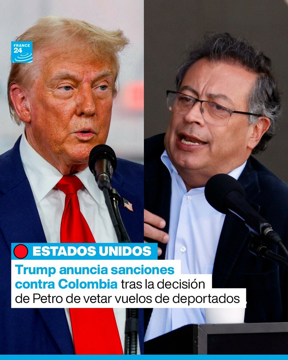 France24_es's tweet photo. 🇨🇴 🇺🇸 Crisis diplomática entre #Colombia y Estados Unidos. Trump anunció sanciones arancelarias a todos los productos colombianos, luego de que el presidente colombiano se negara a recibir vuelos provenientes de EE. UU. con connacionales deportados ➡️ https://t.co/dxxt0wB5tu https://t.co/K0THuTRav3