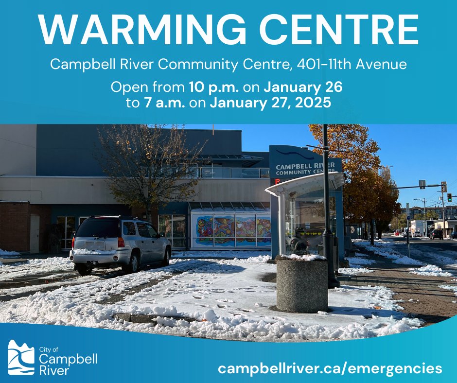 ❗️🌡️ In response to the low overnight temperatures in the forecast, the City will open a warming centre at the Community Centre (401-11th Avenue) from 10 p.m. on Jan. 26 to 7 a.m. on Jan. 27, 2025.

Read the full advisory for more information: campbellriver.ca/news.
