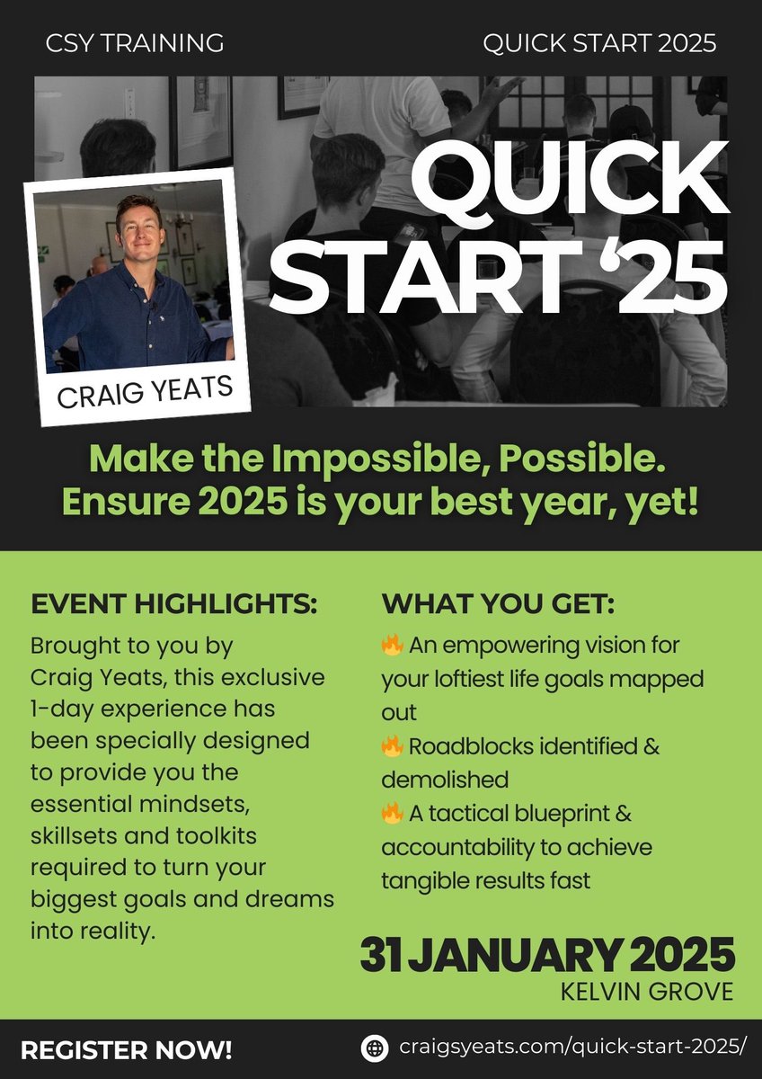 CraigSYeats's tweet image. Feeling LOST at the start of 2025?

Watching another year slip by without a clear plan?

Zero excitement about your current path?

Worried about falling behind everyone else?

One day. One event. Your complete reset.

Quick Start 2025 - January 31