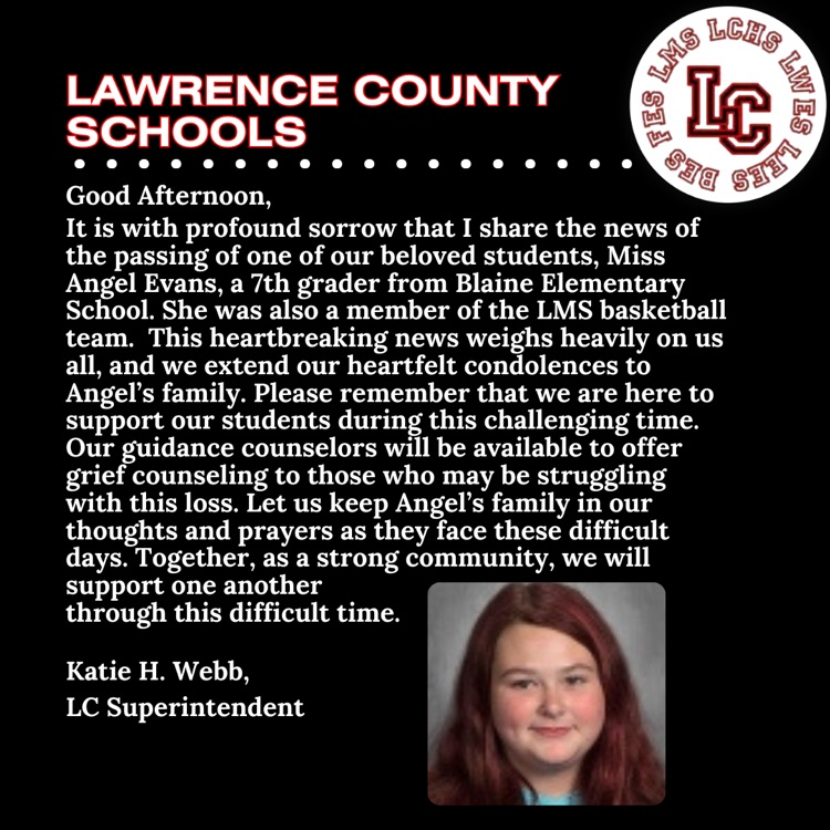 LawrenceCoSch's tweet photo. We are heartbroken to share the passing of student Angel Evans, a 7th grader at Blaine Elementary. She was also a member of the LMS basketball team. We will share details on arrangements once made by the family. Please keep Angelβs family and the BES family in your thoughts. https://t.co/vEhUywuLnB