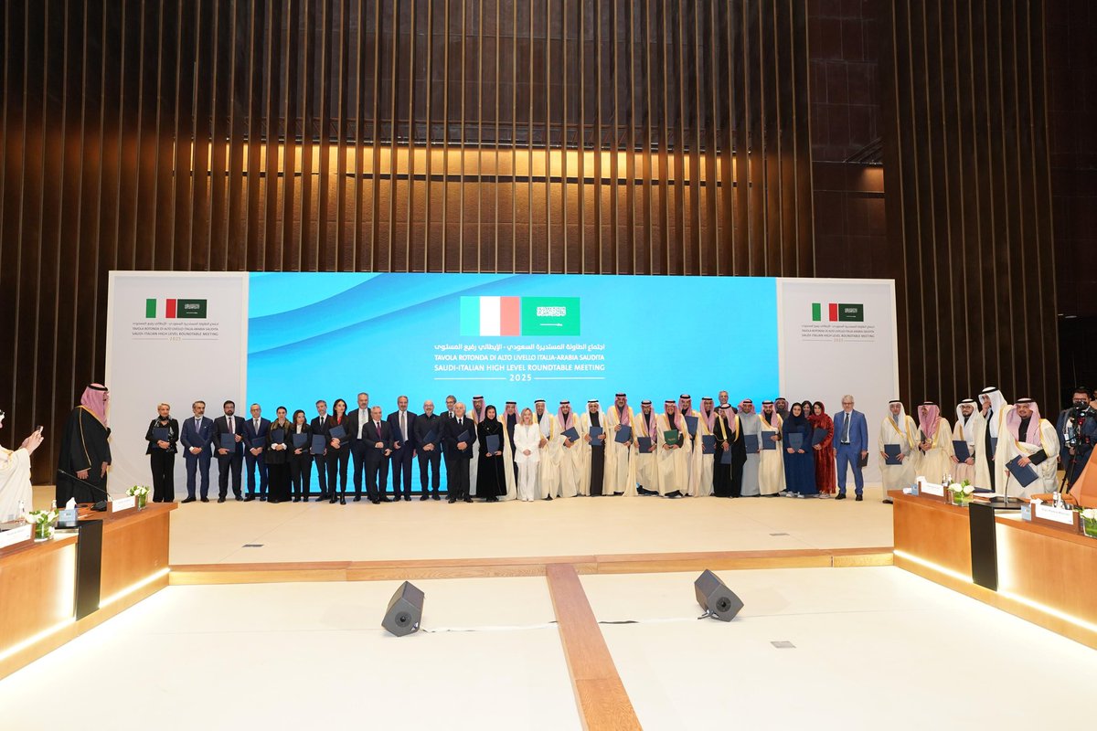 MISA's tweet photo. On the sidelines of the Saudi-Italian roundtable meeting, 26 MOUs were signed between Saudi and Italian governmental and private entities across several promising sectors. It aims to enhance the exchange of expertise and strengthen economic relations between the two countries. https://t.co/ACns8Ltrbk