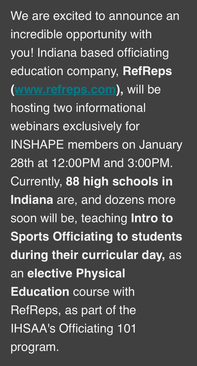 IndianaSHAPE's tweet photo. 🏀⚽️🏈🏐🥎⚾️🤼‍♂️🥍
Struggling to find #youthsports officials? 
Need an appealing HS #PhysEd option where Ss can be trained &amp; find a job that’s always hiring? 

Come to our @RefReps webinar Tues 1/28 noon or 3:00 EST to learn more!

Register here 🆓 https://t.co/wOkC3YyYVA https://t.co/Q8jofLMCp9