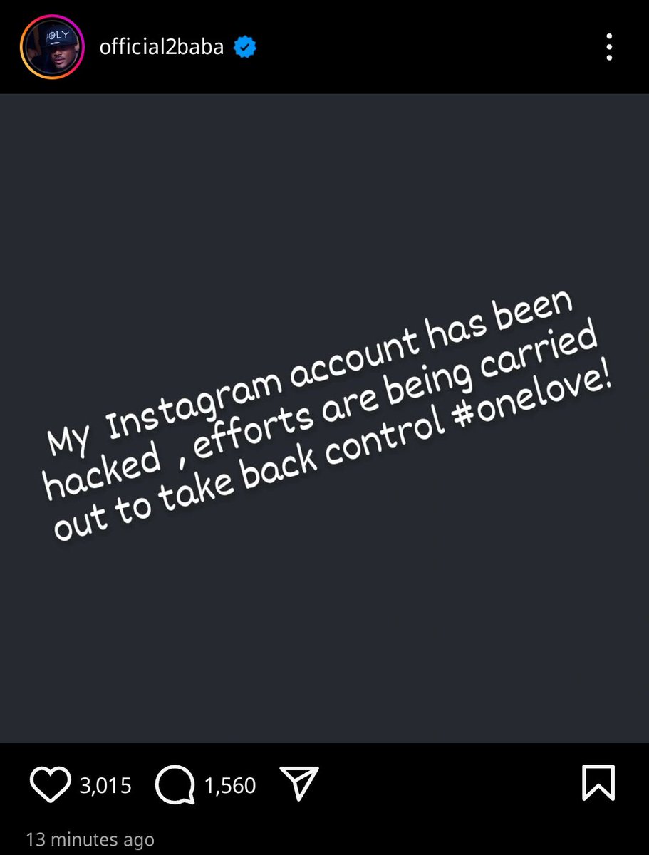 CosmoTimesNG's tweet photo. Breaking: Musical legend 2baba reveal his Instagram account had been hacked. This is coming shortly after announcement of seperation, from his wife and actress; Annie Idibia, through the same Instagram handle. More details soon. https://t.co/8ufADLo6sV