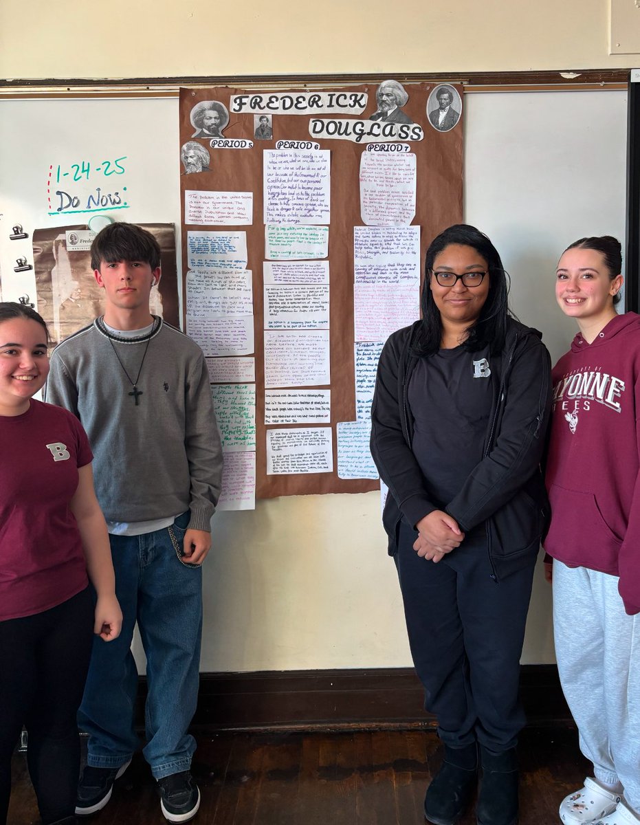 BPSHistoryDept1's tweet photo. Mr. Rinaldi's @BayonneHigh US1 students displaying the projects they presented this past week. In groups, they read, discussed & analyzed Frederick Douglassβ Composite Nation speech. Afterward, they created their own version of the speech. #alwaysworking #beeexcellent #thanku https://t.co/fBoS9hh8Rn
