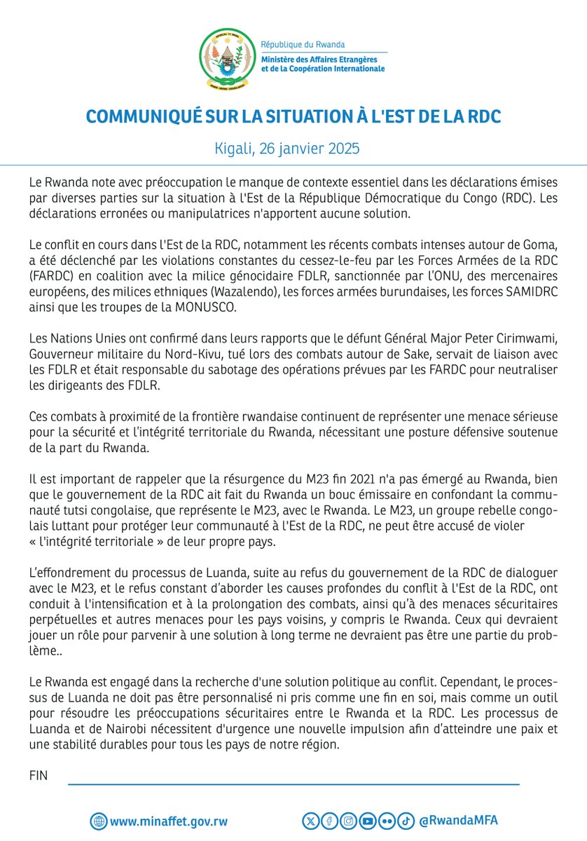 RwandaMFA's tweet photo. COMMUNIQUÉ SUR LA SITUATION À L'EST DE LA RDC

🔗: https://t.co/5OG1zARGIl https://t.co/pSvSbMKktK