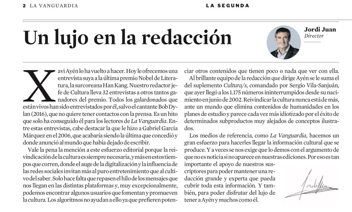 el director de La Vanguardia ensalza en su artículo de hoy la información cultural de su periódico, sección y suplemento <a href="/xaviayen/">Xavi Ayén</a> <a href="/svilasanjuan/">Sergio Vila-Sanjuán</a>