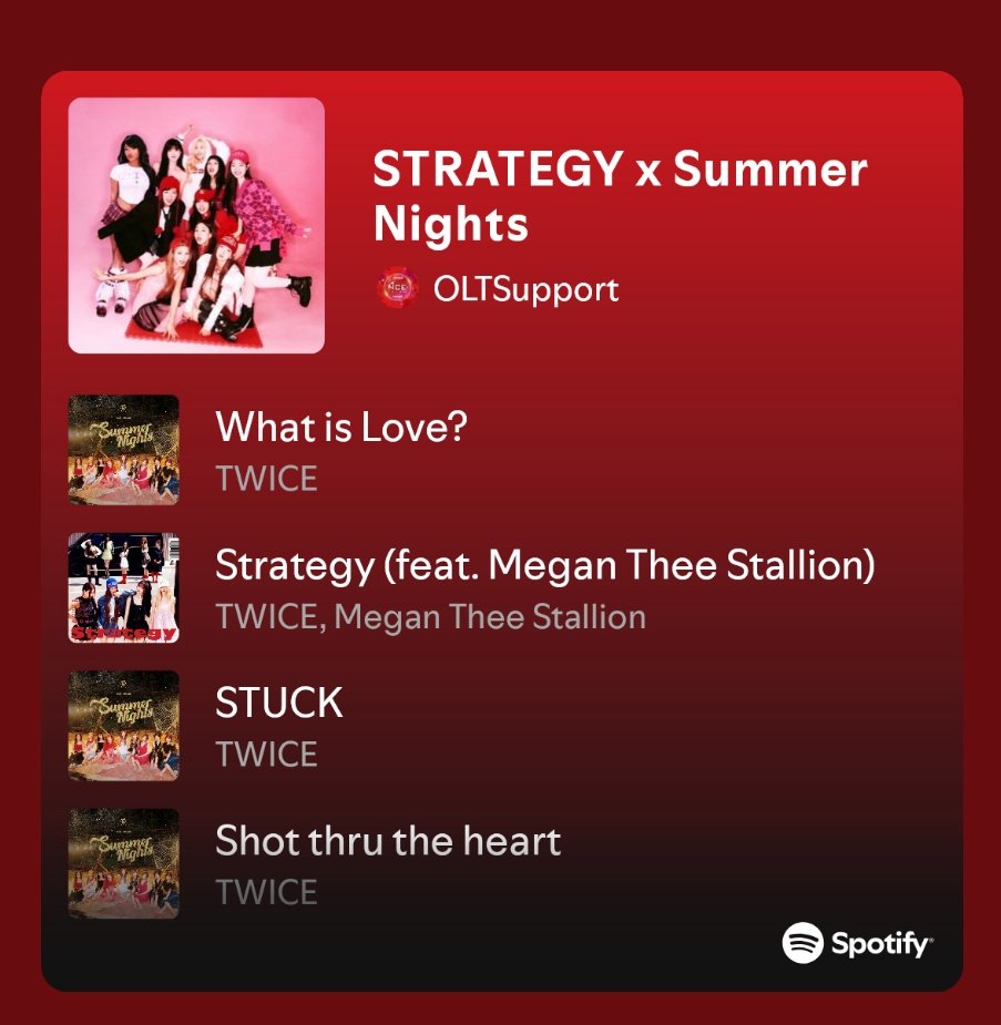 "Summer nights" will become TWICE's 2nd album to reach 1B on Spotify ✨🩷

Total: 823,622,261 M🔥

🌹USE THIS PLAYLIST to boost STRATEGY &amp; Summer Nights numbers: open.spotify.com/playlist/40Jk4…

#TWICE <a href="/JYPETWICE/">TWICE</a>