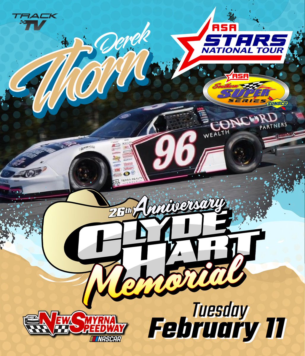 Western sensation <a href="/DerekThorn6/">Derek Thorn</a> is set to compete in the 26th Annual Clyde Hart Memorial on Tuesday February 11th at <a href="/newsmyrnaspdwy/">New Smyrna Speedway</a> 

Story: starsnationaltour.com/derek-thorn-en…

#ASASTARS 🏁